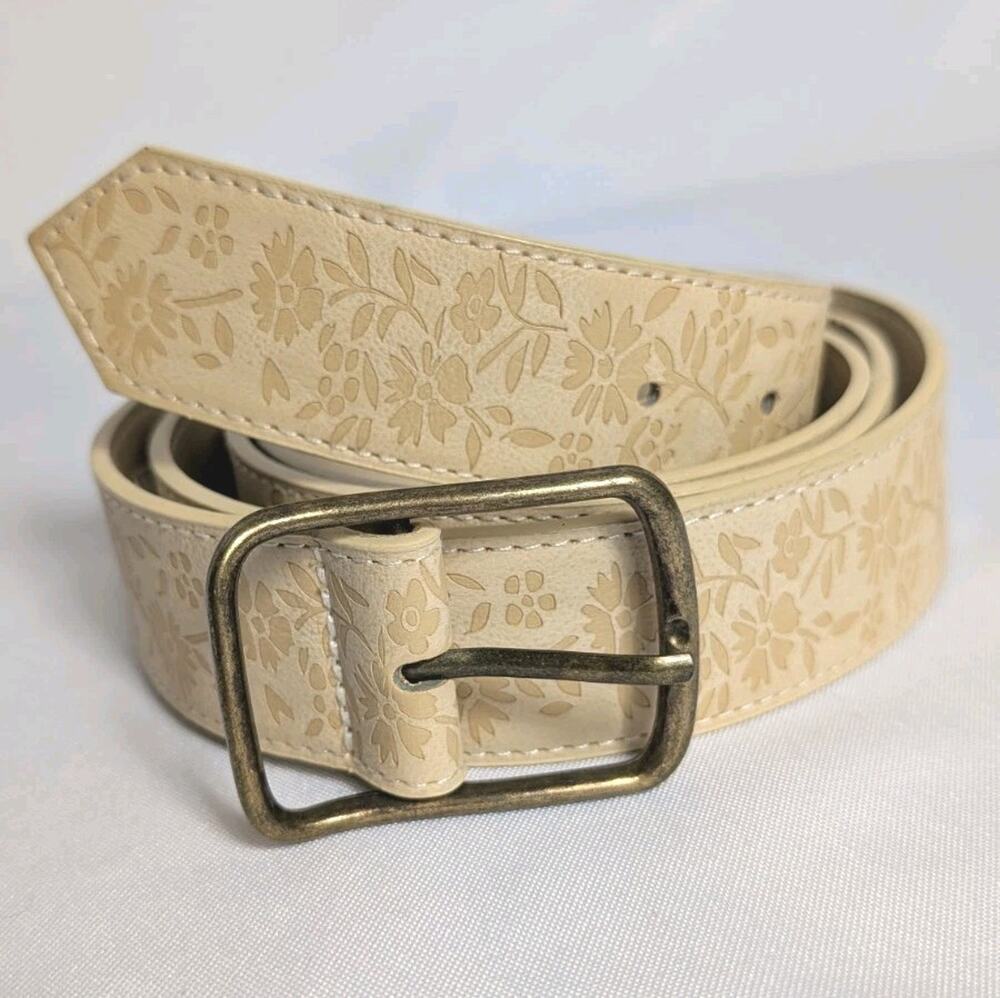 Maurices Tan Beige Floral Embossed 1.5" Square Brass Buckle Belt Plus Size 4X